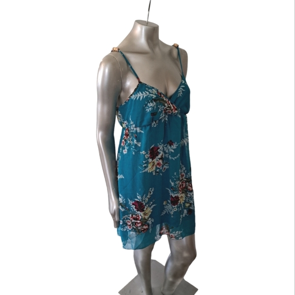 Y2K Rue21 Floral Slip Dress Teal Sheer Mini Spaghetti Strap 90s 2000s - Picture 2 of 10